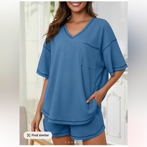 Blue V-Neck Waffle Lounge Set XL NWT
